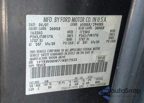 2001 Ford F-150 King Ranch Edition/Lariat/Xlt from USA, damaged, VIN 1FTRW08W71KB17532